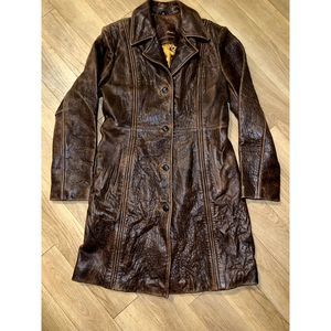 Distressed Vintage Brown Leather Button Long Coat Size M